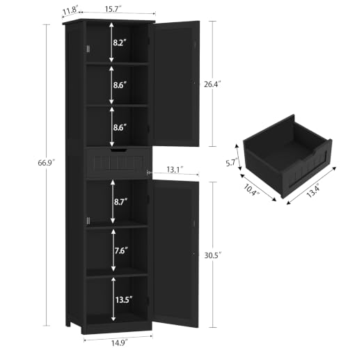 Iwell 66.9" Tall Bathroom Storage Cabinet with 2 Doors & 1 - Image 4