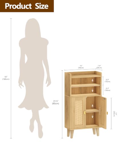 Rattan Small Bathroom Storage Cabinet with Open Shelf 2 Doors Oak - Image 3