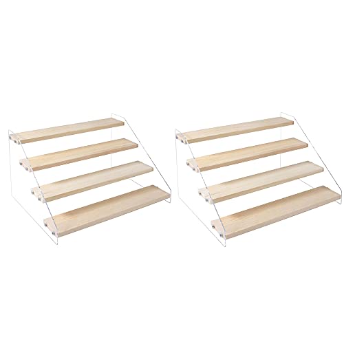 2 Pack 4 Tier Acrylic Display Stand for Figures Wooden Risers - Image 2