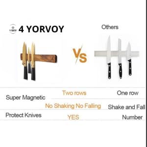 4 YORVOY Magnetic Knife Holder for Wall-16 inches long Kitchen Organizer- No Drilling Knife Magnetic Strip- Compact Utensil Holder- Acacia Wood Knife Rack- Strong Knife Magnet- Easy Installation