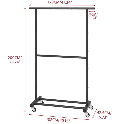 Sywhitta Double Rod Metal Clothing Garment Rack on Wheels, Black - Image 5