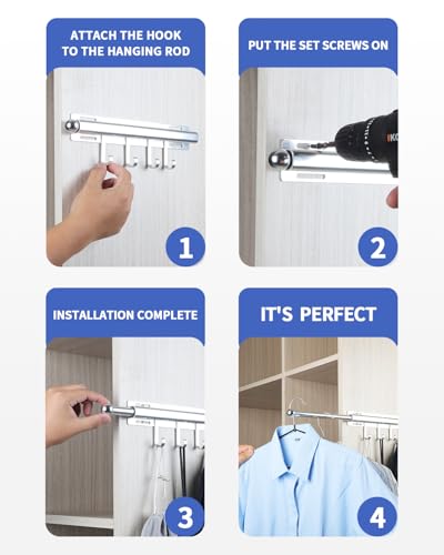 Valet Rod for Closets Pull Out 12" Silver with 4 Hooks - Image 5