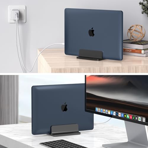 YICOSUN Aluminum Vertical Laptop Stand for Desk - Adjustable Width Dock for MacBook, Surface, Samsung, HP, Dell up to 17.3 inches - Space-Saving & Protective Design - Black
