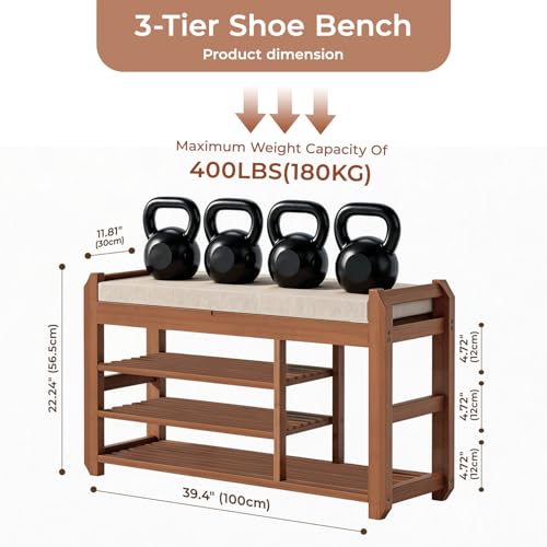 39.4" Entryway Shoe Rack Bench with Cushion, 3-Tier Storage Bench - Image 3