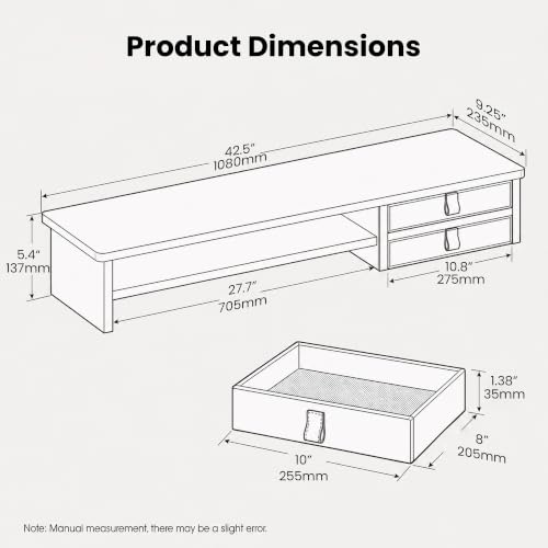 Dual Monitor Stand, 42.5 Inch Wood Monitor Riser with Drawers - Image 3