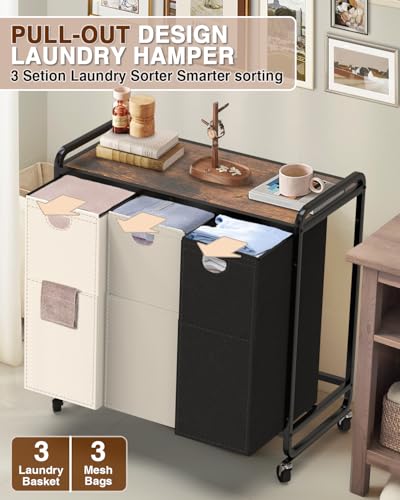 Laundry Sorter 3 Section,Laundry Basket with Wheels - Image 6