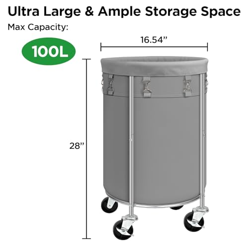100L Round Rolling Laundry Hamper Basket with Wheels, Grey - Image 4