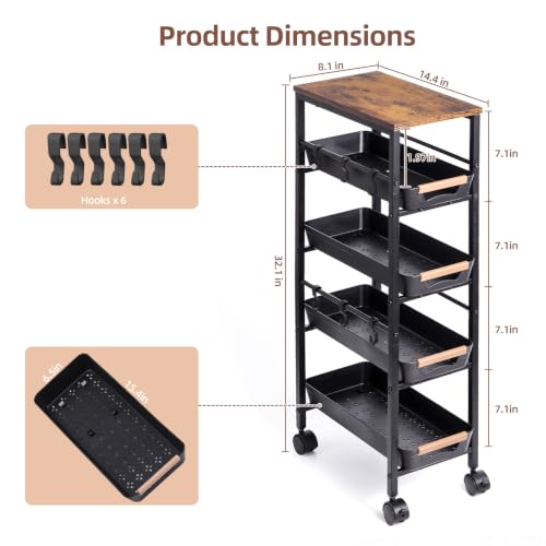 5 Tier Slim Rolling Storage Cart with Pull-Out Drawers, Black - Image 3