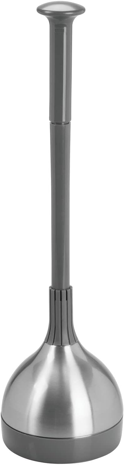 mDesign Bathroom Toilet Bowl Plunger Set with Lift & Lock Cover, Compact Discreet Freestanding Storage Caddy with Base, Modern Design - Heavy Duty Gray/Brushed Stainless Steel