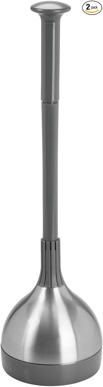 mDesign Bathroom Toilet Bowl Plunger Set with Lift & Lock Cover, Compact Discreet Freestanding Storage Caddy with Base, Modern Design - Heavy Duty Gray/Brushed Stainless Steel