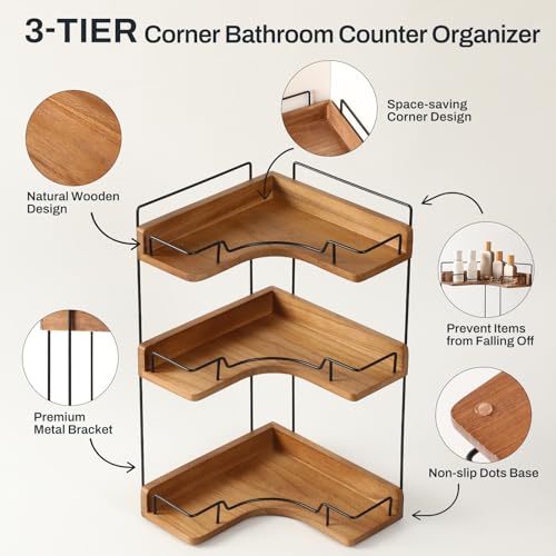 3-Tier Bathroom Counter Organizer, Wooden Corner Shelf for Vanity - Image 4