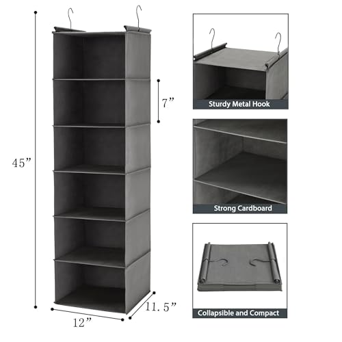 6 Tier Hanging Closet Organizer with 2 Sturdy Hooks, Grey - Image 4