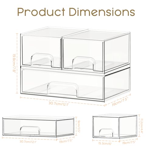Criusia Stackable Storage Drawers, 3 Pack Clear Acrylic Makeup & - Image 3