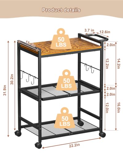 Feyejade 3-Tier Rolling Kitchen Cart with Storage, Compact Metal - Image 3