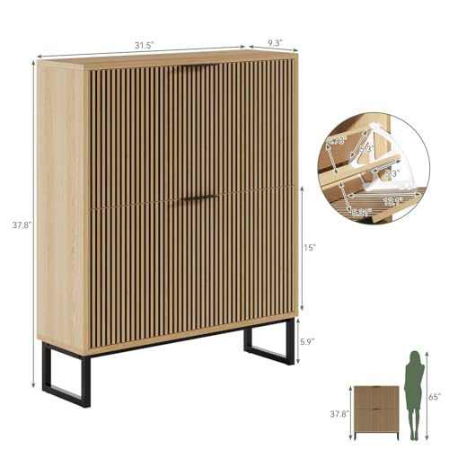 Shoe Cabinet Storage with 2 Flip Drawers and Metal Legs, Natural - Image 3