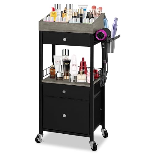 Makeup Organizer Cart, 3 Drawers, Rolling Storage, Black & Gray - Image 2