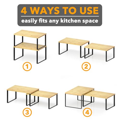 SpaceAid Cabinet Shelf Organizers 2 Pack, Kitchen Counter Rack Shelves Riser, Stackable Expandable Spice Rack, Pantry Cupboard Storage Organization (Black and Natural, Short) - Image 7