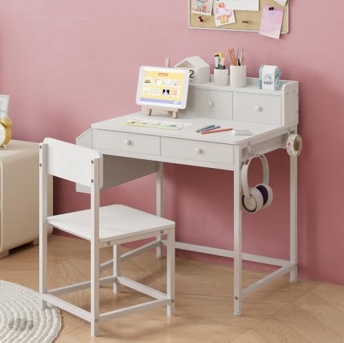 Kids Desk and Chair Set with 5 Fabrics Drawers, Ages 5-8, White - Image 3