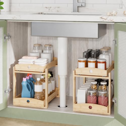 Bamboo Under Sink Organizer 2 Tier Pull Out Cabinet Storage - Image 2