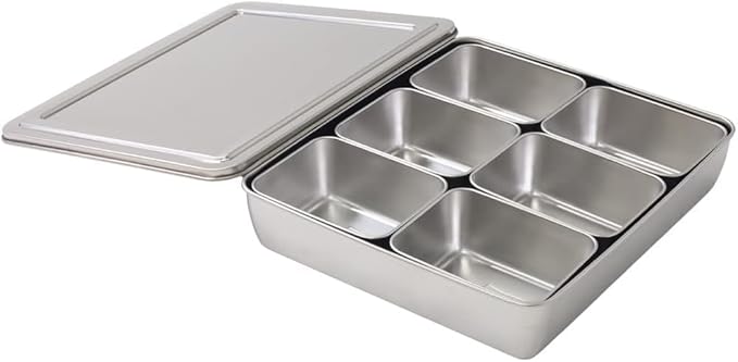 Japard Stainless Steel Seasoning Box with Lid, Food Storage Container with Tray Spice Organizer Jars, 6 Grids Spice Salt Sugar, Kitchen Utensils