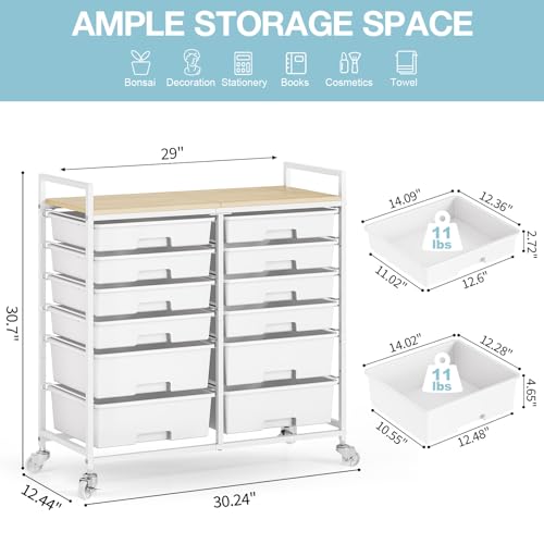TOOLF 12 Drawers Rolling Storage Cart with Wooden Top - Image 4