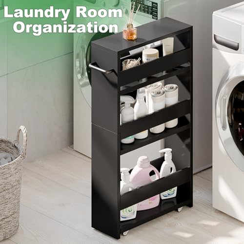Slim Rolling Storage Cart, Wood Utility Kitchen Bathroom - Image 7
