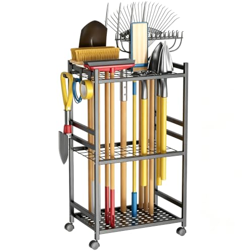 Garden Tool Organizer with Wheels, Yard Tool Rack with 3 - Image 2