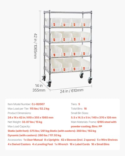 VEVOR 5-Tier Rolling Bin Storage Rack, 16 Organizer Bins - Image 4