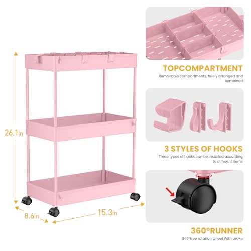 3 Tier Rolling Cart with Wheels, Storage Craft Art Trolley - Image 3