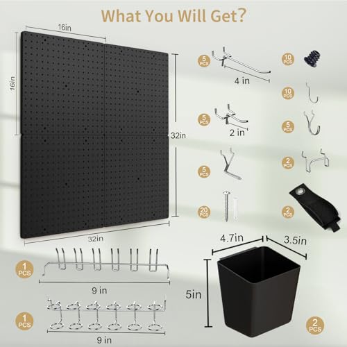 FZK Modular Plastic Peg Board Wall Organizer Kit, 16x16, Black - Image 3