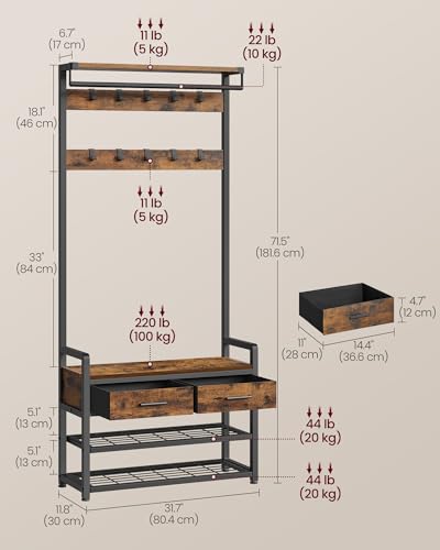 VASAGLE Hall Tree with Bench and Shoe Storage, 2 Fabric Drawers - Image 3