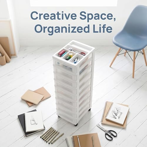 9-Drawer Narrow Plastic Storage Cart with Organizer Top, White - Image 7