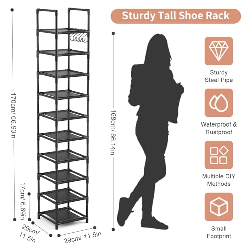 LANTEFUL Tall Narrow Shoe Rack for Entryway, 10-Tier Sturdy Metal - Image 4