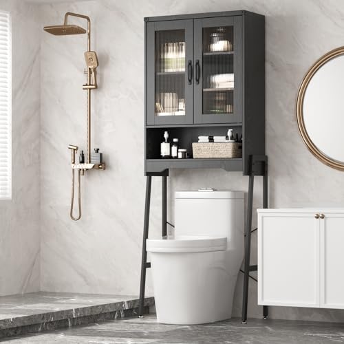 Over The Toilet Storage Cabinet with Tempered Glass Doors & - Image 2