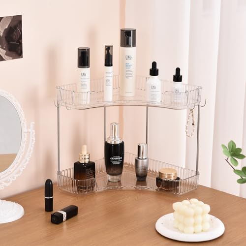 2-Tier Corner Bathroom Organizer Countertop with Hooks - Image 6
