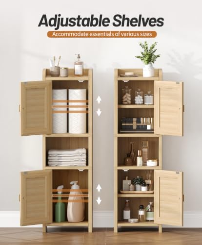 9.8''W Rattan Small Bathroom Storage Cabinet 2 Doors Oak - Image 6