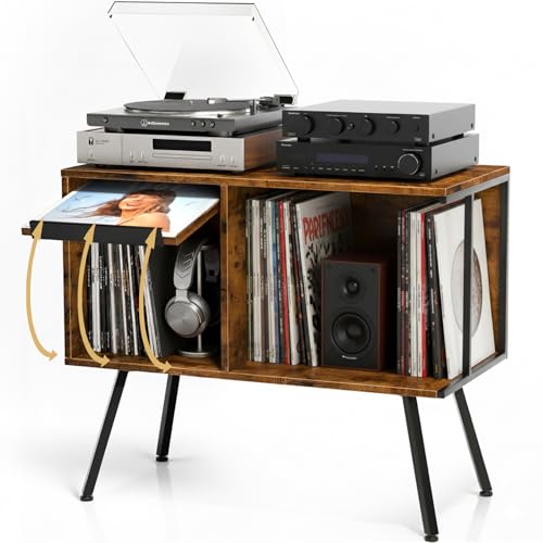Record Player Stand with Flip-Down Record Shelf, Rustic Brown - Image 2
