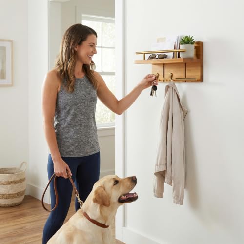 9.8” Solid Teak Wood Key Holder Wall Mount with Shelf and Hooks - Image 3