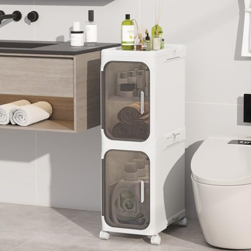 2 Tier Slim Bathroom Storage Cabinet, Foldable and Movable, White - Image 2
