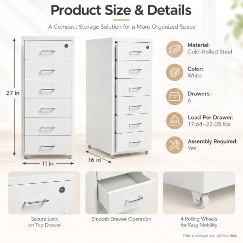 6 Drawer Rolling Vertical File Cabinet, for Home Office - Image 3