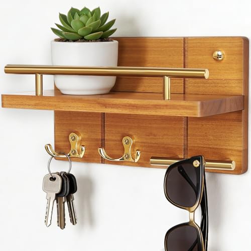 9.8” Solid Teak Wood Key Holder Wall Mount with Shelf and Hooks - Image 2