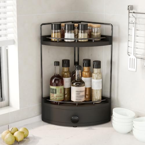 2-Tier Corner Bathroom Counter Organizer with Drawer, Black - Image 3