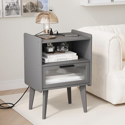 MMEOLUOOK Nightstand with Charging Station, Bedside Tables Grey - Image 5