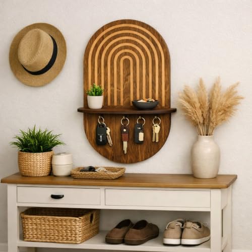 Minimalist Entryway Organizer Shelf with Key Hooks, Wooden - Image 6