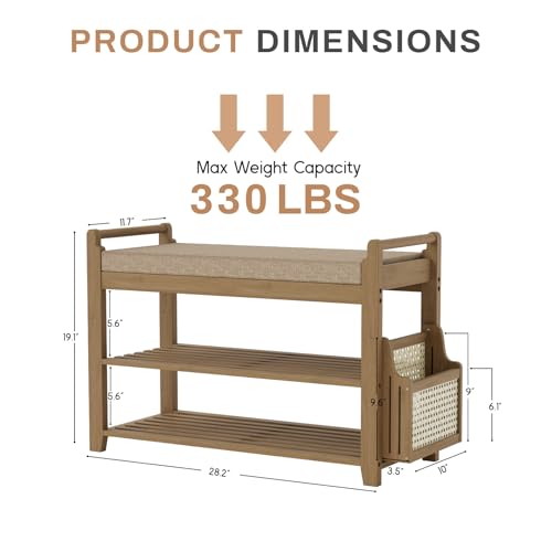Homaxy 2-Tier Shoe Rack Bench, 28.2 in, Walnut and Light Brown - Image 3