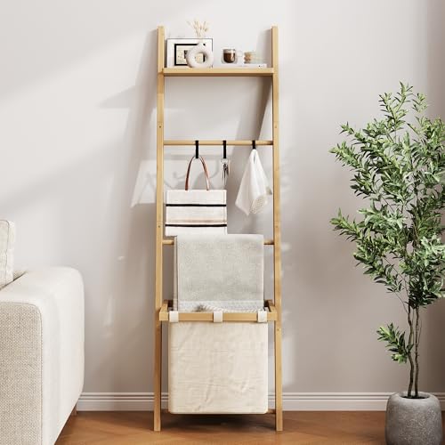 63" Bamboo Blanket Ladder with Shelf, Fabric Storage - Image 5