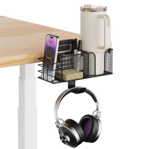 4-in-1 Clamp on Desk Cup Holder, Dual Compartment Mesh - Image 2