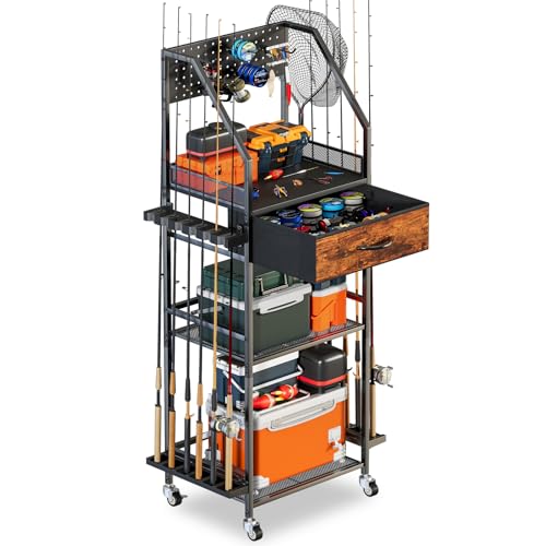 Fishing Rod Holder Organizer with Fabric Drawer & Pegboard - Image 2