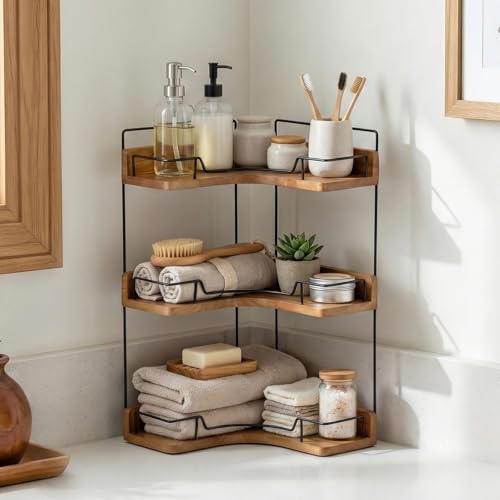 3-Tier Bathroom Counter Organizer, Wooden Corner Shelf for Vanity - Image 7