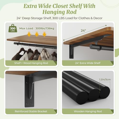 IAE Wall Mounted Clothes Rack with Shelf and Hanging Rod, 36x24in - Image 6